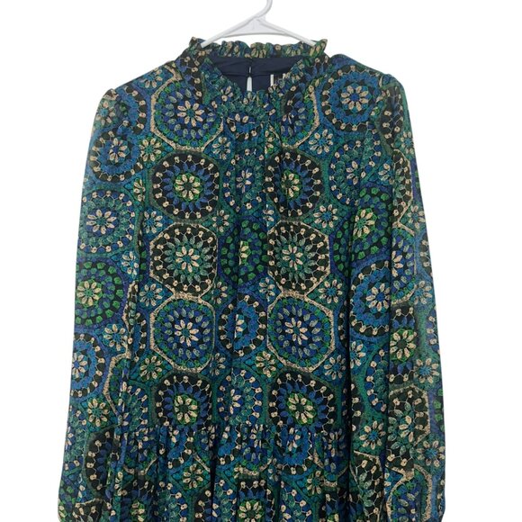 Julian Taylor Womens 14 Long Slee-Mock Neck Medallion Print Chiffon A Line Dress - Picture 15 of 16